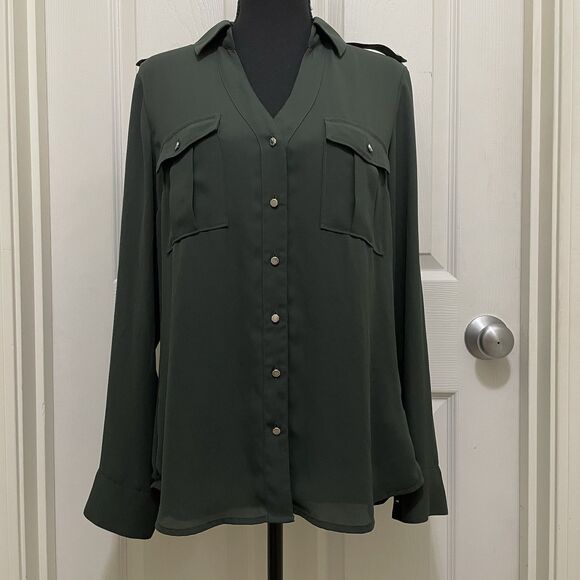 Express Portofino Button Down Top Green Chiffon Roll Tab Sleeve V-Neck Medium - Picture 1 of 9